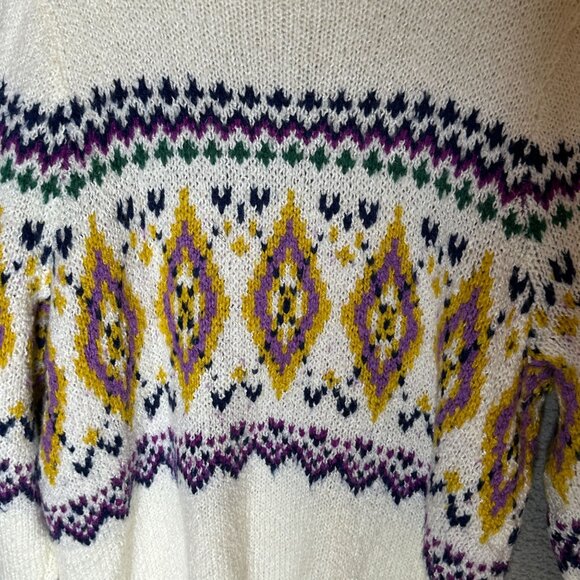 Talbots Plus Size 2X Fair Isle Knit Sweater Ivory Purple Yellow Geometric Nordic - Picture 8 of 11